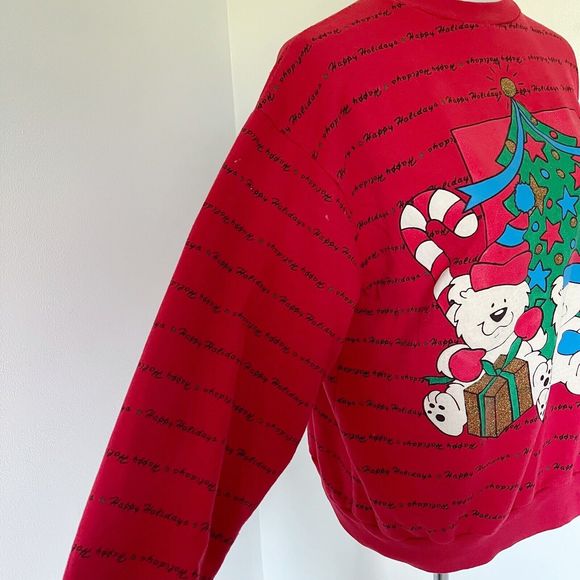 Vintage 90s Holiday Time Red Ugly Puff Paint Pullover Popover Sweatshirt Sweater - Picture 5 of 16